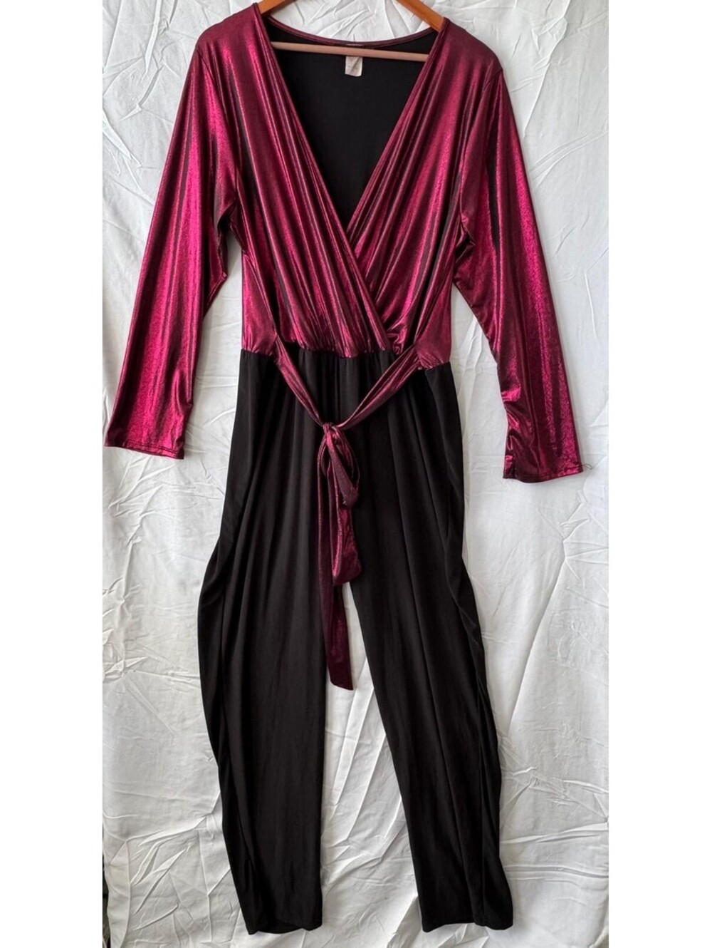 American City Wear Jumpsuit 2X Burgundy Black Metallic Wrap Long Sleeve